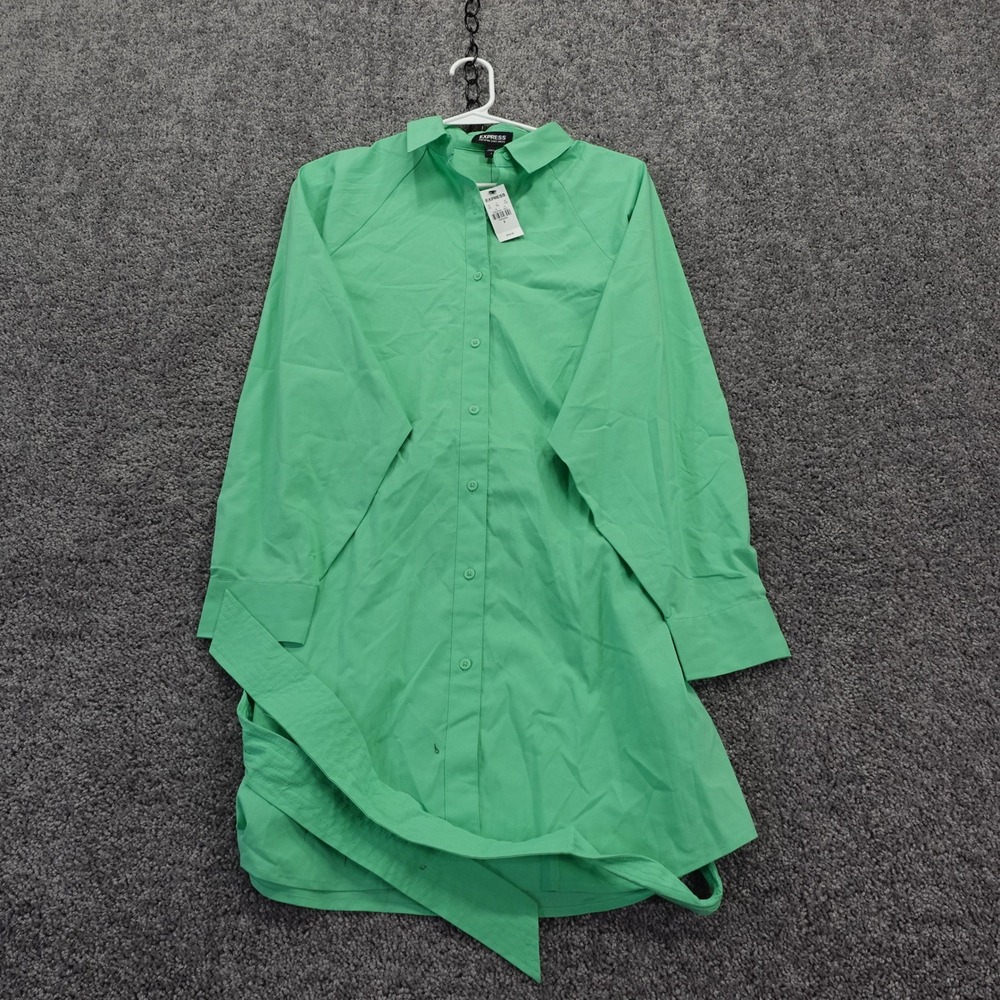 Express Portofino Shirt Dress Womens Small Green Long Sleeve Belted Button Front